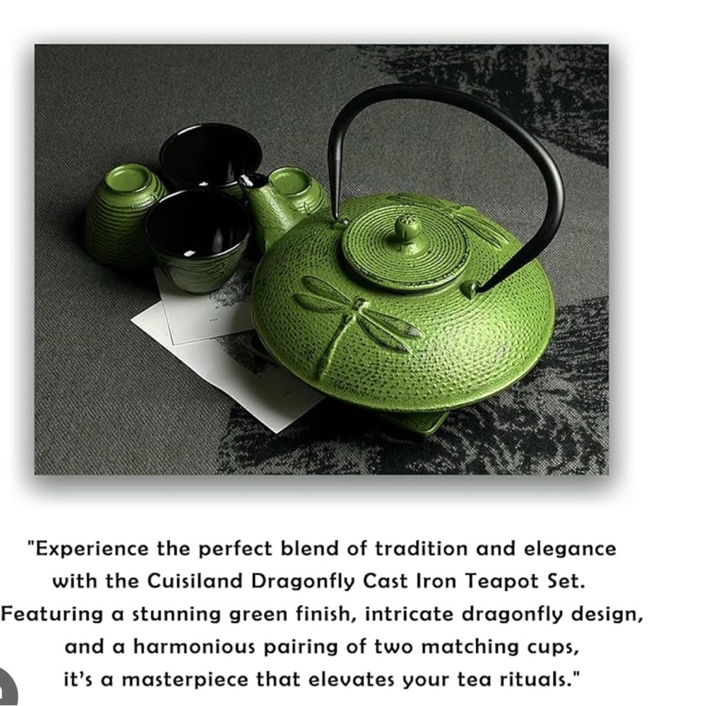 Green Dragonfly Cast Iron Teapot Set